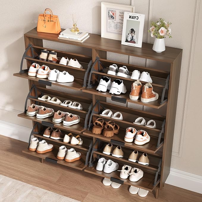 BORNOON Shoe Cabinet for Entryway with 6 Flip Drawers, Slim Wooden Shoe Storage Organizer with Modern Fluted Pannel，Freestanding Narrow Hidden Shoe Rack for Hallway, Foyer, Living Room - Image 3