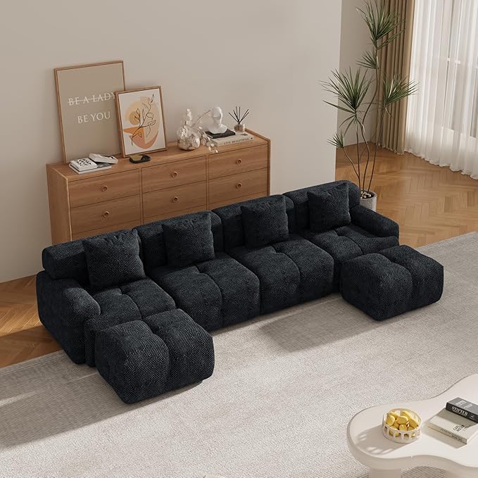 135" U-Shaped Compressed Sectional Cloud Sofa, Flannel Upholstered Modular Tufted Sofa with 6 Pieces, Symmetrical Boneless Foam Modular Cloud Couches for Living Room