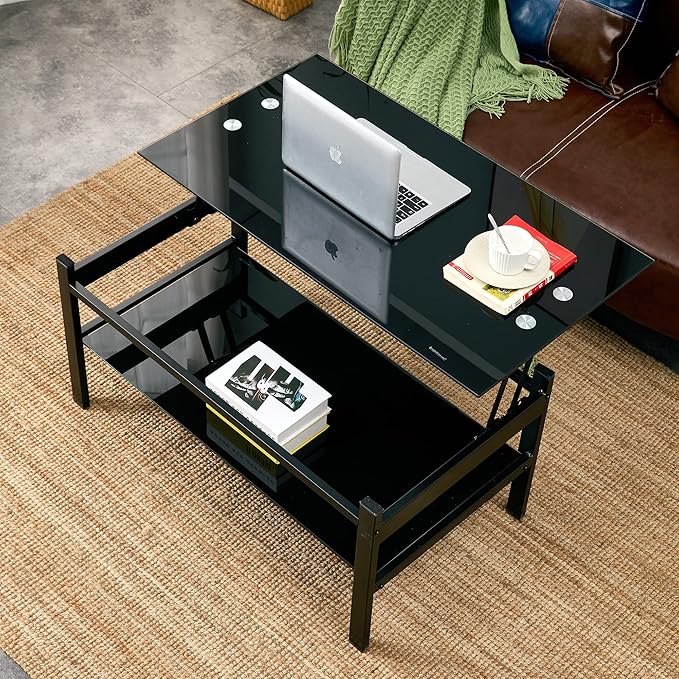 IANIYA Lift Top Coffee Table, Black Tempered Glass Coffee Tables with Storage Space and Open Shelves, Small Rectangle Lift Tabletop Living Room Center Table for Home Office