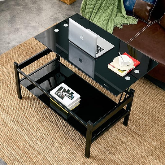 IANIYA Lift Top Coffee Table, Black Tempered Glass Coffee Tables with Storage Space and Open Shelves, Small Rectangle Lift Tabletop Living Room Center Table for Home Office