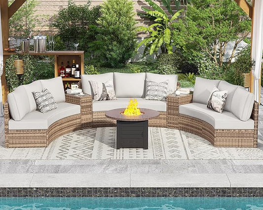 PaPaJet 11-Piece Patio Furniture Set with Large Storage Wedge Table, Half-Moon Wicker Sectional Sofa with Cushions, Waterproof Rattan Outdoor Conversation Set for Beach, Pool, Garden & Balcony, Beige