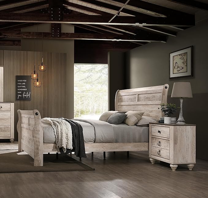 Roundhill Furniture Imerland White Wash Finish 3-Piece Bedroom Set-Sleigh Bed and Two Nightstands, King Size