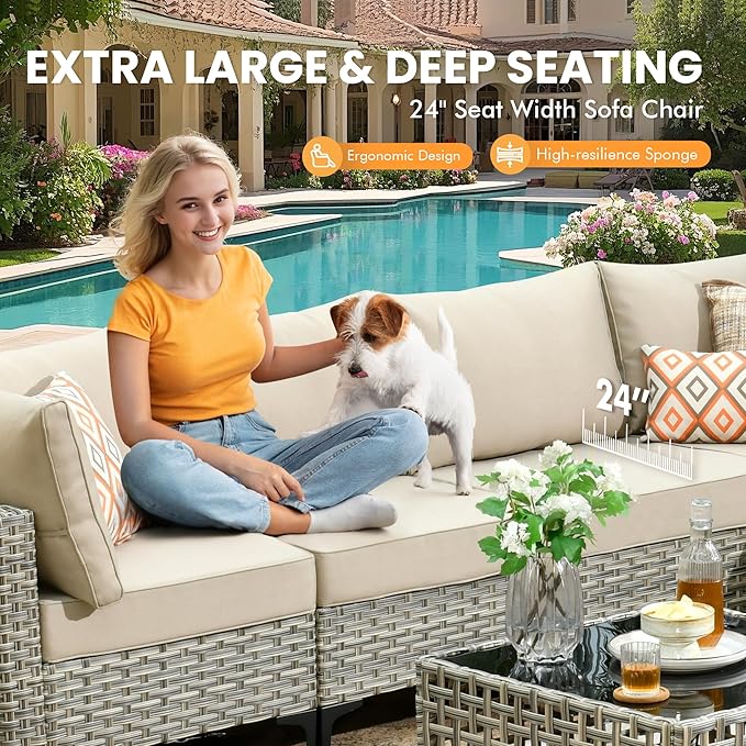 Outdoor Sectional Patio Furniture Set with Glowing Table,7 Pieces Wicker Conversation Sets L Shaped Couch Out Door Sofa Set Outside Furniture for Garden Deck Yard Porch,Beige