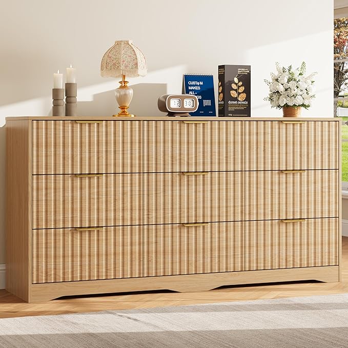 9 Drawer Dresser and Nightstand Sets for Bedroom, Modern Fluted 3 Pcs Bedroom Dresser Furniture Sets, Wood Chest of Drawers and Nightstand Set of 2 with Metal Handles, Natural Oak