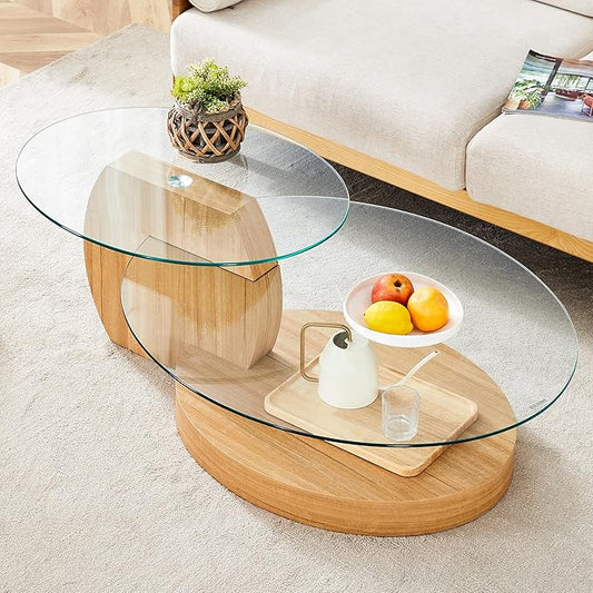 Ebullient Glass Coffee Table, 47" Oval Coffee Table, 2-Tier Glass Tabletop with Light Wood Base, Easy to Maintain and Assemble, Ideal for Dining Room, Living Room