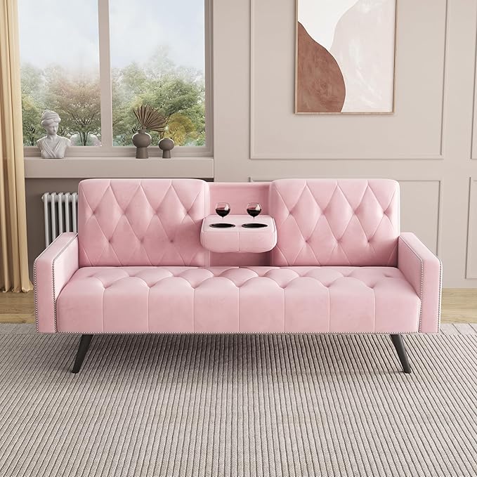 KEIKI 72" Velvet Loveseat Sofa Bed with Nailhead Accents & Tufted Backrest, 3-in-1 Convertible Sleeper with Cup Holders for Small Spaces, Pink