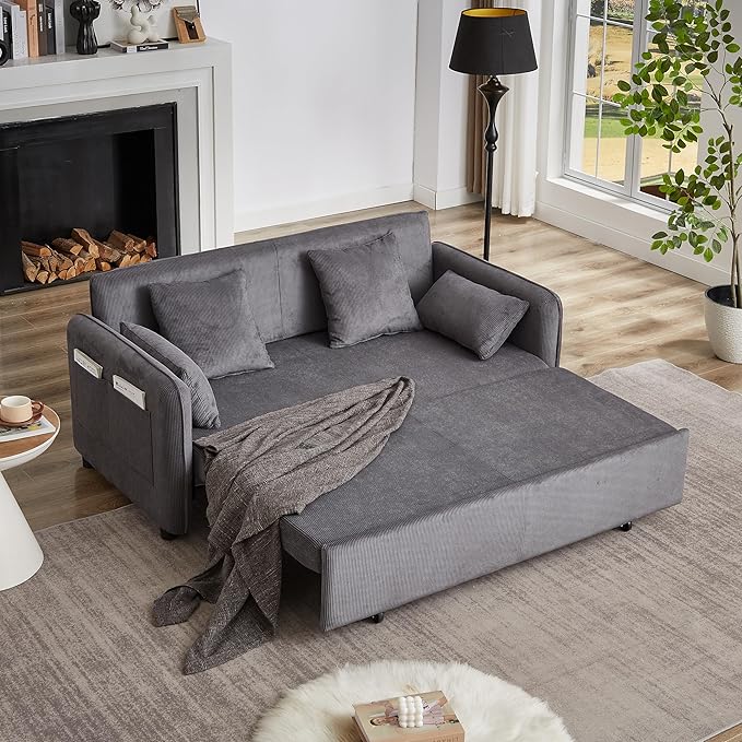 Ball & Cast 66" Convertible Sofa Bed,3-in-1 Corduroy Loveseat Sleeper Pull Out Couch Bed with Pillows and Side Pockets, Deep Seat Comfy Sofa Couches for Living Room,Apartment,Grey