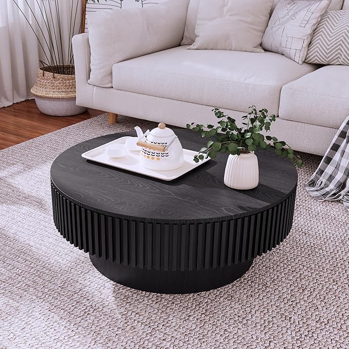 31.5'' Round Coffee Table with Storage, Modern Luxury Circle Drum Center Tables with Solid Wood Veneered, Accent Side Coffee Table for Living Room, Bedroom, Apartment-Black