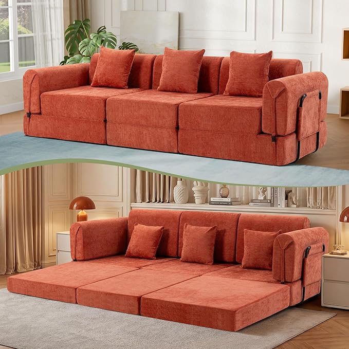 100" Convertible Sleeper Sofa Bed, Oversized Modular Sectional Cloud Sofa with Fixed-Shape Frame & Tabletop, Boneless Couch with Storage Pocket for Living Room, No Assembly Required, Orange