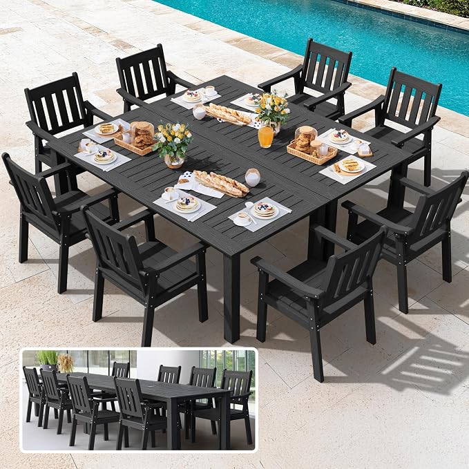 YEFU HIPS Patio Table Set: 10 Piece Outdoor Table and Chairs Dining Furniture Set with Umbrella Hole - Black Modern Plastic Dining Sets 8 Person for Outside Deck with Metal Aluminum Frame by YEFU