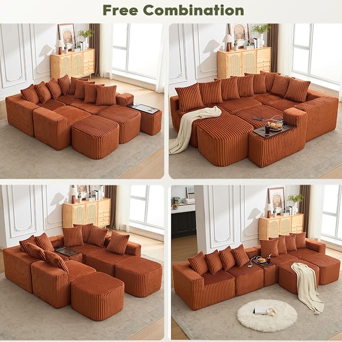 Oversized Cloud Modular Sectional Sofa Boneless Couch with Movable Ottomans,Free Combination Memory Foam Floor Couch with Charging Port & Cup Holders for Living Room | Coffee Table Board, Wireless Charge, No Assembly