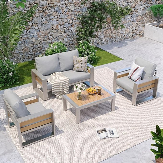 Aoxun Aluminum Patio Furniture Set, 4 Seats Luxury Metal Patio Conversation Sets with Coffee Table, Thick Cushions and Waterproof Cover, Modern Outdoor Furniture Set for Backyard/Poolside, Light Grey