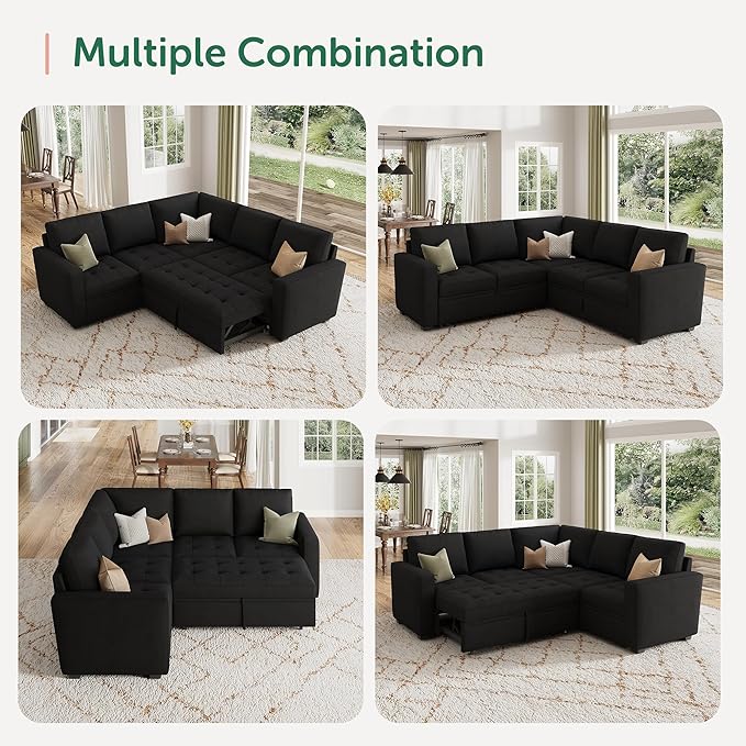 HONBAY Modular Sectional Sofa with Pull Out Bed Velvet Convertible L Shaped Couch with Storage Seat Sleeper Sectional Couches for Living Room,Velvet Black