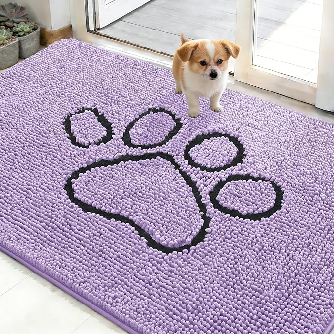 OLANLY Dog Door Mat for Muddy Paws 48x30, Paw Print Design, Absorbs Moisture and Dirt, Absorbent Non-Slip Washable Doormat, Quick Dry Chenille Mud Mat for Dogs, Entry Indoor Entryway Carpet, Lavender by OLANLY