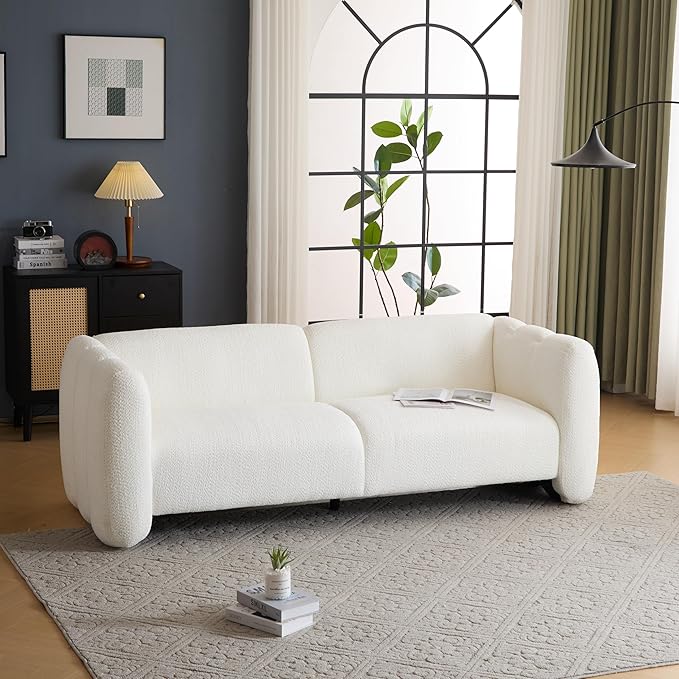 Christopher Knight Home Carine 83‘’ Sofa Couch, Cozy Boucle Fabric Upholstered 3-Seater Seating Sofa, Comfy Couches for Living Room and Office, Modern Oversized Loveseat, Curved Wave Design, White