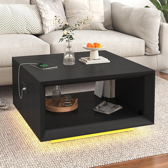 32" Mid Century Modern Coffee Table for Living Room, Square Center Table with LED Light & Power Outlet, Cocktail Table with Storage, 2-Tier Minimalist, Deep Beveled Edge, Wood Thick Design, Black