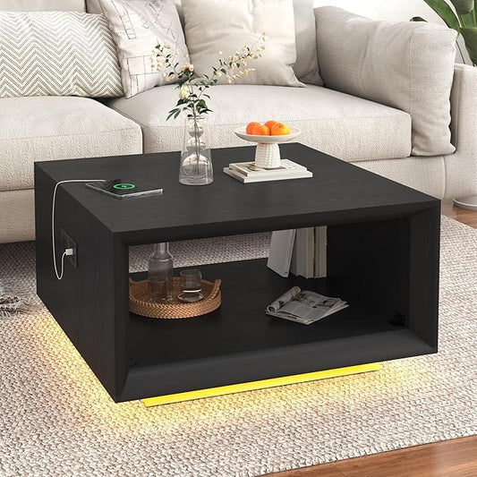 32" Mid Century Modern Coffee Table for Living Room, Square Center Table with LED Light & Power Outlet, Cocktail Table with Storage, 2-Tier Minimalist, Deep Beveled Edge, Wood Thick Design, Black