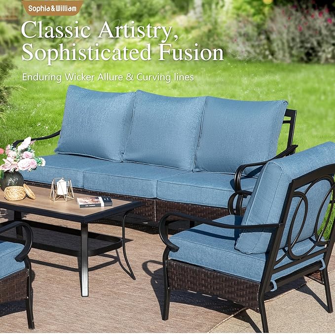 Sophia & William Patio Furniture Set, 5PCS Metal Outdoor Conversation Set with 3-Seater Outdoor Couch, 2 Swivel Chairs, 1 Loveseat,1 Coffee Table for Outdoor Seating, Backyard, Porch(Navy)
