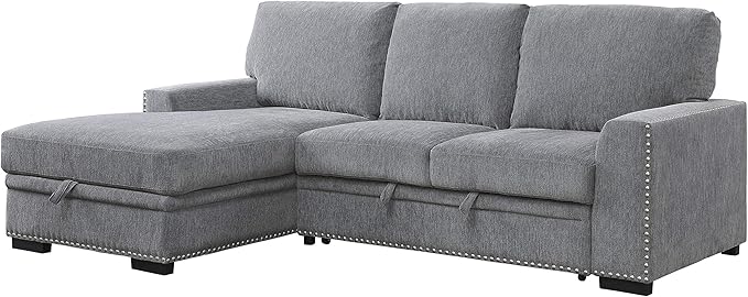 Lexicon Mid Century Modern Sectional Sleeper Sofa Bed Couch with Storage Chaise, Sectional Sofa Pull Out Couch Bed, Sectional Couch Lounge Sofa for Living Room Apartment, Left Side Chaise, Gray