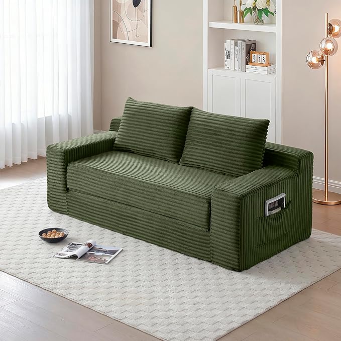 73" Convertible Sofa Bed, 2 in 1 Corduroy Folding Couch with Pillows, No Assembly Boneless Compression Sofa in Box, Loveseat with Side Storage Pocket for Apartment, Living Room, Green