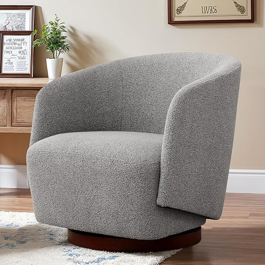 Zihanhome Boucle Swivel Accent Chair, No Assembly Upholstered Armchair with Rubberwood Base, 360° Rotating Barrel Chair for Living Room, Bedroom, Apartment & Reading Nook (1, Light Grey)