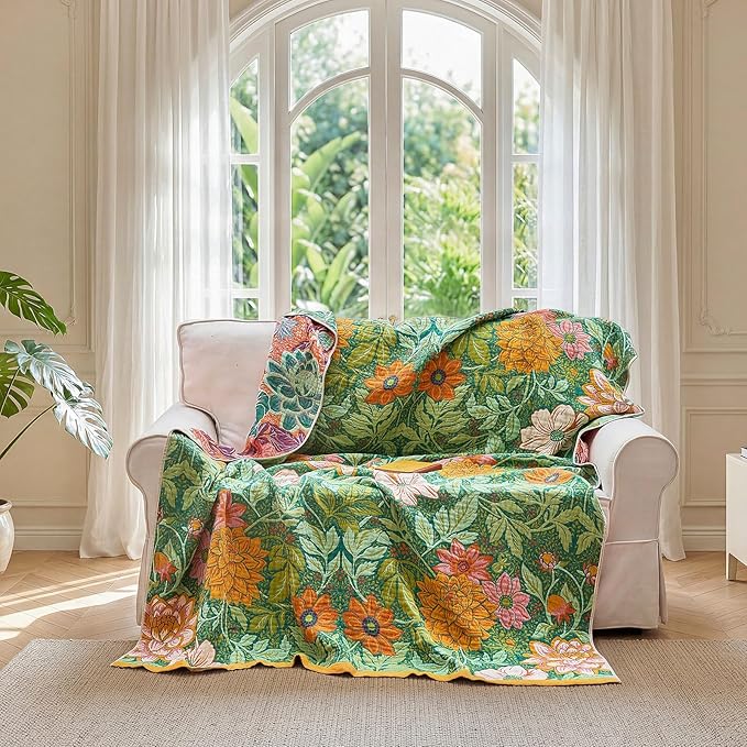 LUTBM Boho Throw Blanket for Bed Cotton Spring Blankets Bedroom Living Room Twin All Season Lightweight Floral Embroidery Quilt for Couch Sofa Chair 60"x80"