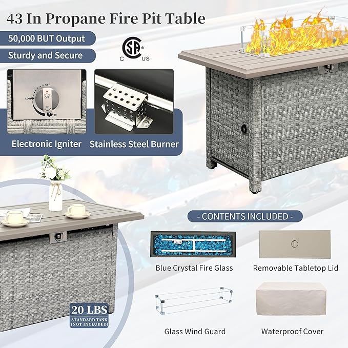 WAROOM Patio Furniture Set 5 Piece Outdoor Furniture with Fire Pit Table, Grey Wicker Sectional Sofa Couch Sets Backyard Deep Seating PE Rattan Chairs with Navy Blue Cushion