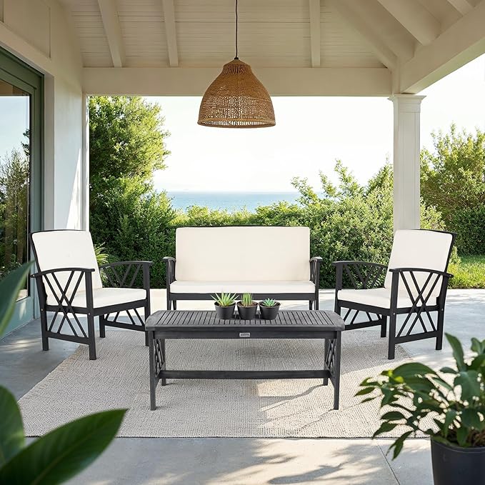 SAFAVIEH Outdoor Collection Fontana Black/ Beige Cushions 4-Piece Conversation Patio Set