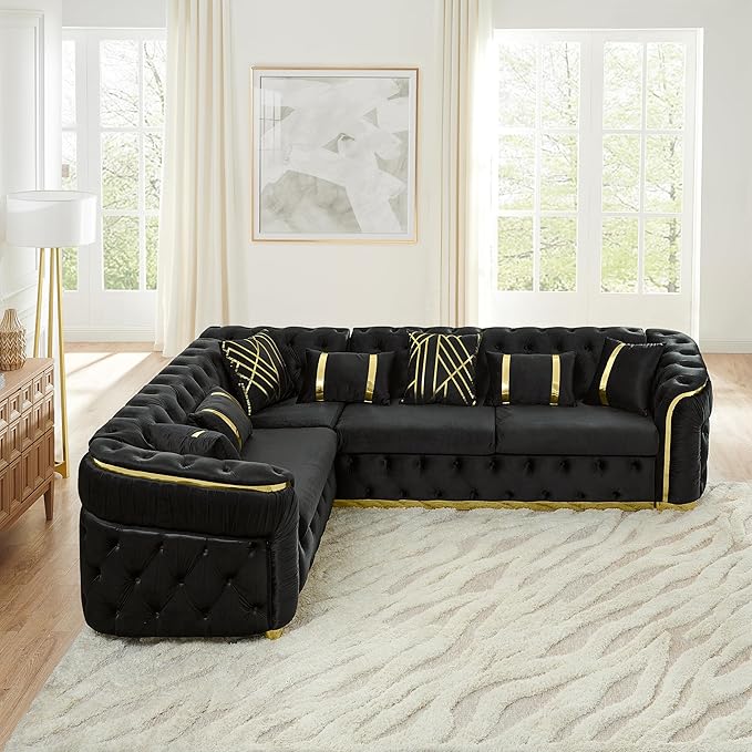 KEIKI 111" L-Shaped Luxury Velvet Chesterfield Sectional Sofa with Gold Stainless Steel Accents and 7 Pillows, Mid-Century Oversized 5-Seater Button Tufted Couch, Easy Assembly, for Living Room, Black