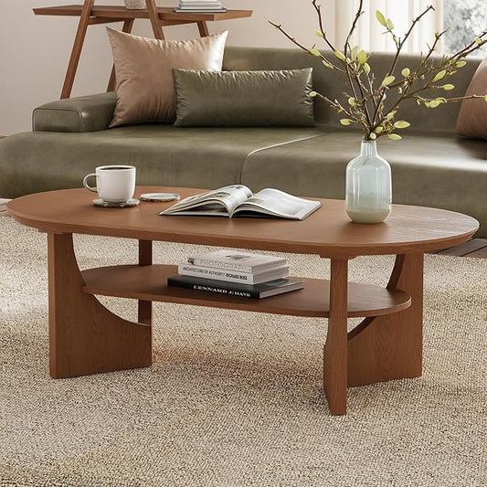 Mid Century Modern Coffee Table, 47" Oval Wood Coffee Tables for Living Room, 2 Tier Curved Round Center Table with Storage Shelf & Sturdy Base, Minimalist Retro Tea Tables