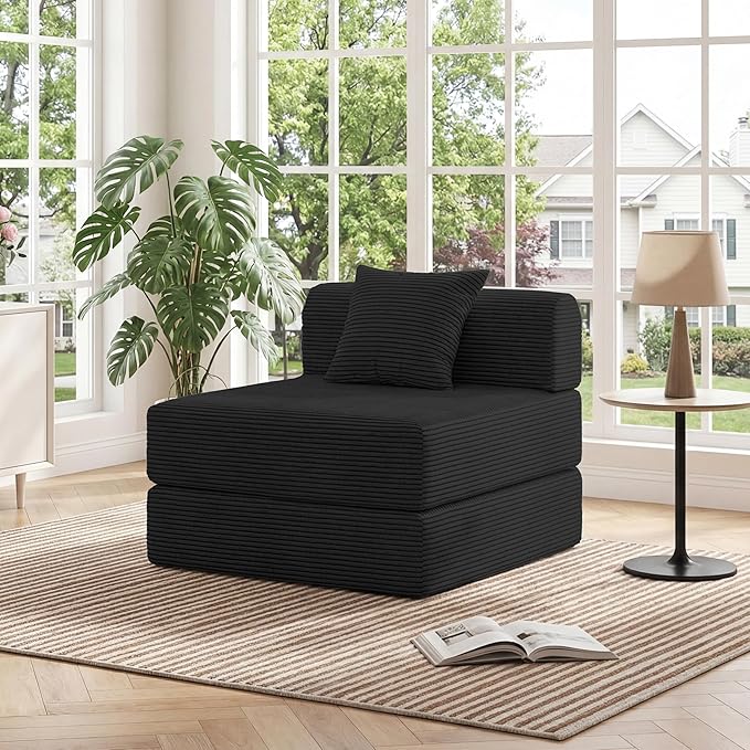 HouseMila Sofa Bed Couch,Convertible Boneless Couch Compressed Chair Comfy Boneless Chair Floor Lounge Chair with Pillow,No Assembly Folding Sofa Beds for Living Room Bedroom Guest Room(Single,Black)