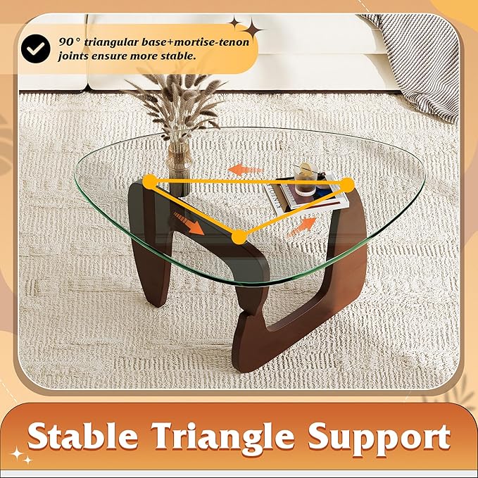 WLIVE Coffee Table, Small Glass Coffee Table with Solid Wood Legs, 32.7" Mid Century Triangle Living Room Tables, Modern Center Table for Small Spaces Living Room, Reception, Office, Natural