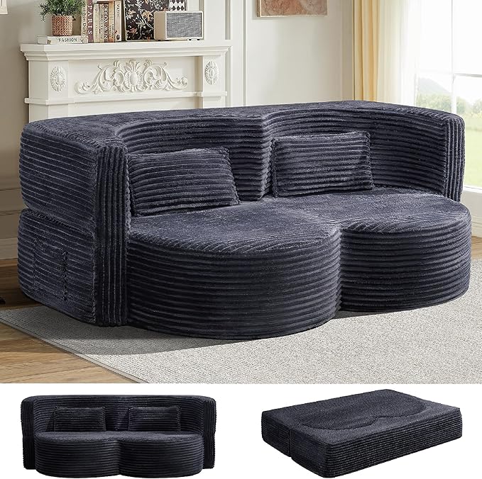 KEIKI 79" Convertible Floor Sofa Bed, Fold ‌Teddy Sleeper Cloud Couch with Storage & Deep Seat, Comfy Upholstery Curved Boneless Futon Couches, 2-in-1 Sofas for Living Room Bedroom, No Assembly, Gray