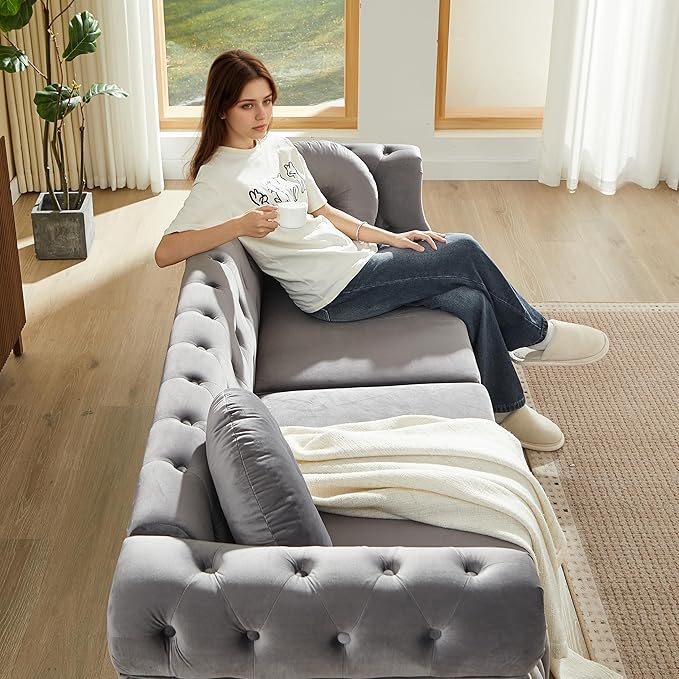 ERYE 82-Inch Button Tufted Sofa Couch with 2 Round Pillows, 3 Seat Velvet Tufted Sofa Spacious Chesterfield Loveseat Couches W/Nailhead Decor,Ring Accent & Golden Legs