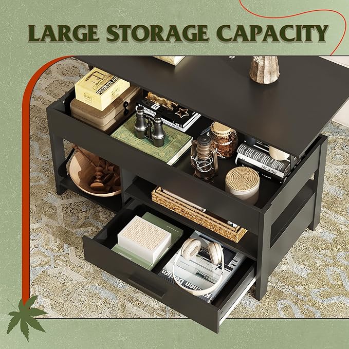 WLIVE Coffee Table, 39" Lift Top Coffee Table with Hidden Compartment, Storage Drawers and Storage Shelf for Living Room, Reception Room, Black