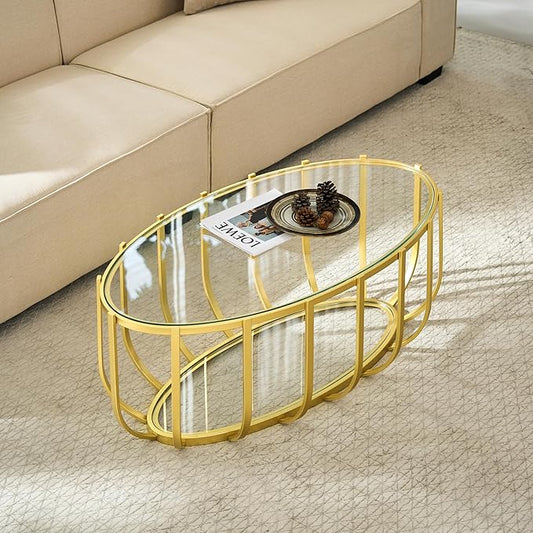 Saint Mossi Glass Oavl Coffee Table for Living Room, Modern 2-Tier Gold Center Table, Clear Glass Top with Gold Finish Legs & Frame