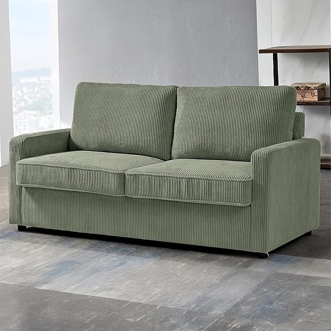 Reversible Sleeper Sofa Bed with Comfortable Memory Foam Mattress, Convertible Corduroy Full Size Pull Out Couch for Living Room, Space Saving Furniture, 70" Wide, Rectangular Arms, Dark Green