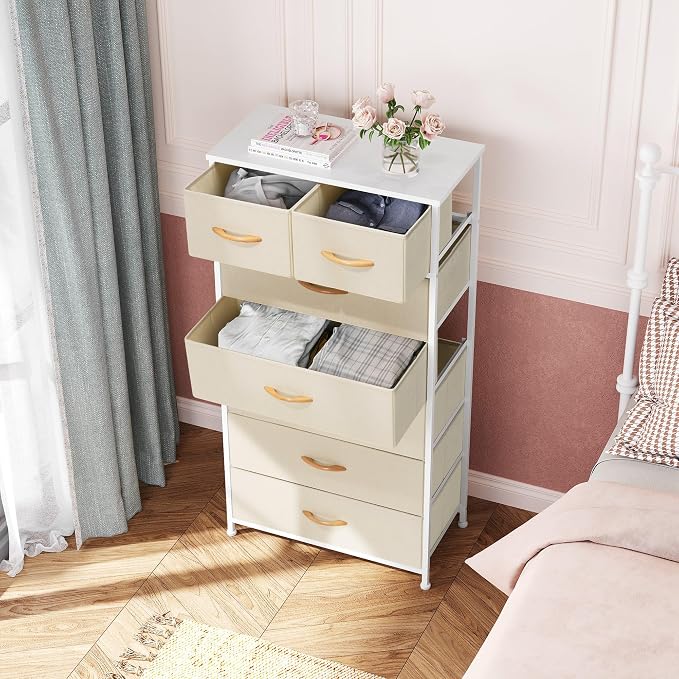 Crestlive Products Vertical Dresser Storage Tower - Sturdy Steel Frame, Wood Top, Easy Pull Fabric Bins, Wood Handles - Organizer Unit for Bedroom, Hallway, Entryway, Closets - 7 Drawers (Beige) - Image 2