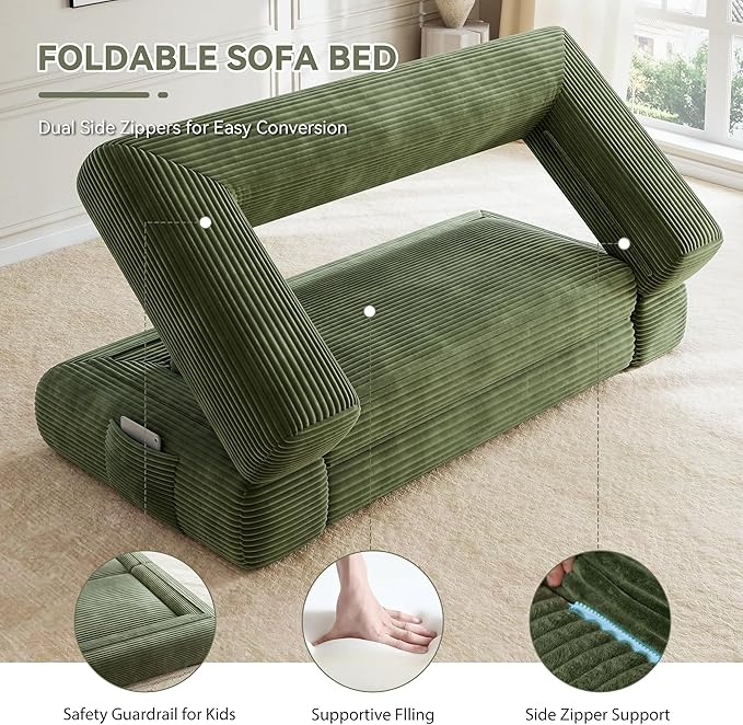 4-in-1 Convertible Folding Sofa Bed, 76 Inch Queen Size Foldable Sleeper Sofa Bed, Wide Corduroy Upholstery, Boneless Mattress Couch with Armrests & Neck Pillow for Living/Bedroom - Green