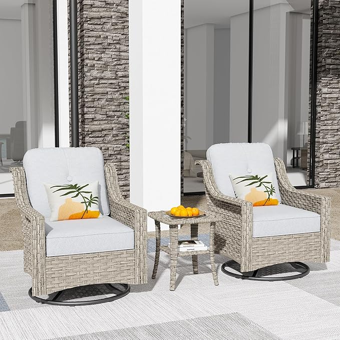 HOOOWOOO 3 Piece Patio Furniture Bistro Sets,Outdoor Wicker Swivel Rocking Chairs with Table Set,All Weather Resistant High Back Rattan Conversation Set(Light Grey Gray)