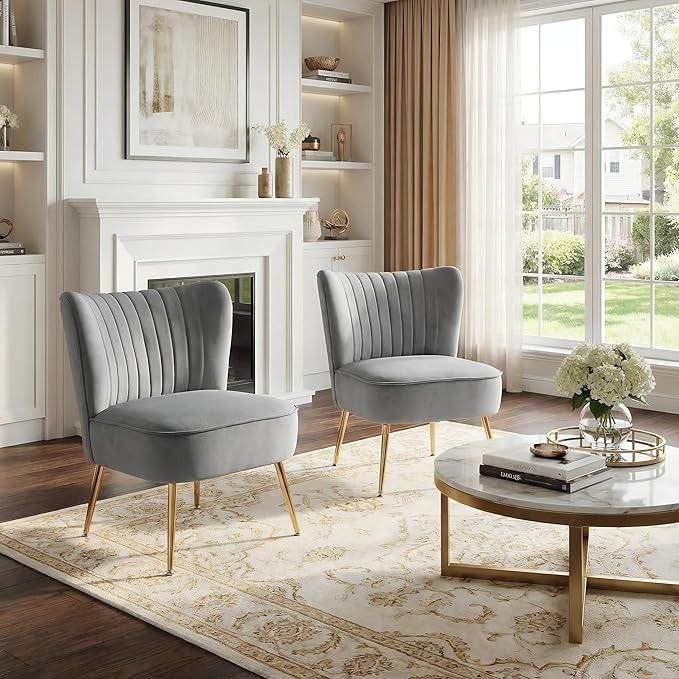DUOMAY Modern Accent Chair Set of 2 Velvet Slipper Chair with Gold Legs Wingback Side Chair for Living Room Bedroom Entryway Small Corner Chair for Space Saving, Grey