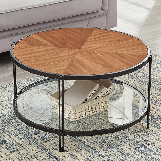32" Round Glass Coffee Table with Glass Bottom, Black Circle Center Coffee Table with Wood Top ＆ Metal Frame, Small Table for Living Room, Apartment (32" Dx32 Wx18 H, Black)
