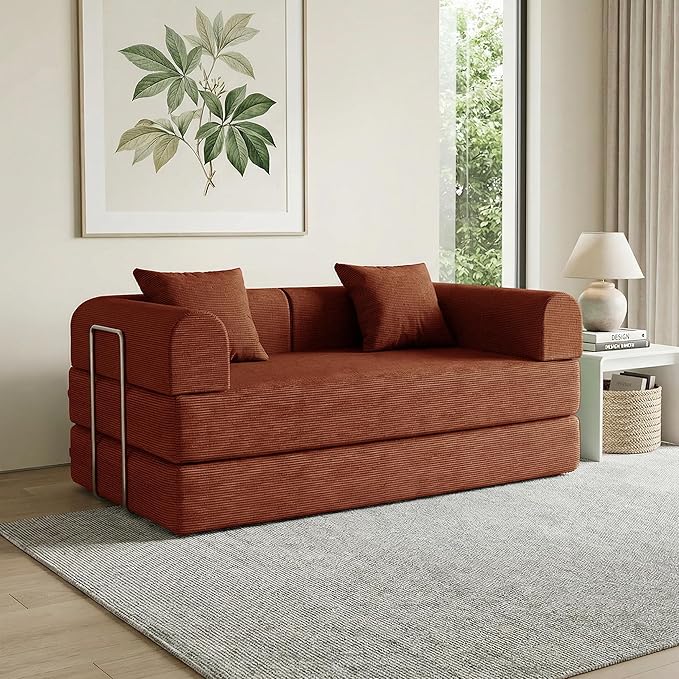59'' Convertible Compressed Corduroy Folding Cloud Sofa Bed, Modern Boneless Pull Out Loveseat Sleeper in a Box, 4 in 1 Floor Mattress Futon Cloud Couch, No Assembly Needed, Orange, 2 Pillows, Queen