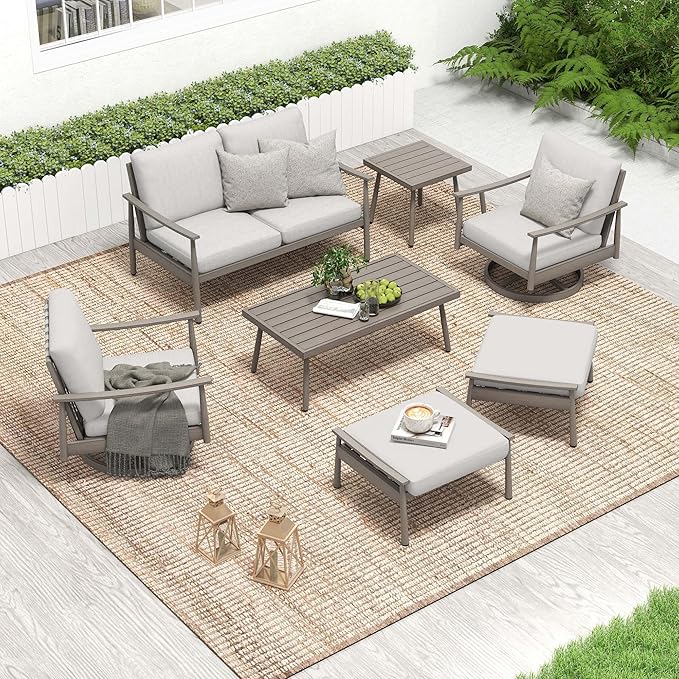 HAPPATIO Patio Outdoor Furniture Set - 7 Pieces Aluminum Outdoor Conversation Set Includes 1 Loveseat, 1 Side Table, 1 Coffee Table, 2 Swivel Chairs, and 2 Ottomans for Porch, Yard, Lawn (Grey)