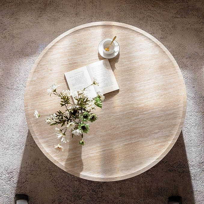 Round Coffee Table in Faux Marble, 39.37" W × 12" H Stone Coffee Tables for Living Room, Modern Drum Center MDF Vintage Design Low, Office, Apartment No Assembly Required Beige Mars