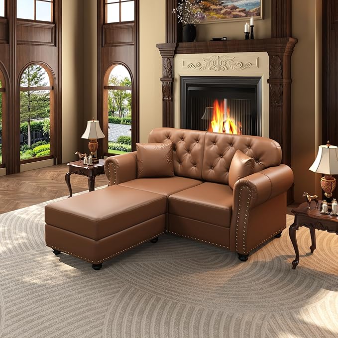 KEIKI 63" Faux Leather Chesterfield Sofa with Rolled Arms & Nailhead Trim & 2 Ottoman, 2-Seater Button Tufted Couch with High Resilience Cushion & 2 Pillow, Easy Assembly, for Living Room, Brown
