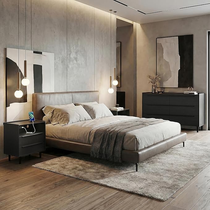 3PC Bedroom Furniture Set, Black Wood Grain 6-Drawer Dresser & 2 Charging Nightstands with Metal Handles, USB & Type-C Ports, AC Outlets, Open Shelf, Raised Edge Top, for Bedroom Apartment
