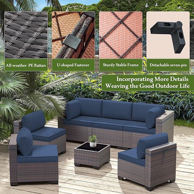 14 Pieces Outdoor Patio Furniture Set,Outdoor Sectional Furniture All Weather PE Rattan Wicker Patio Conversation Set with 2 Coffee Tables and 12 Thickened Cushions,Navy Blue