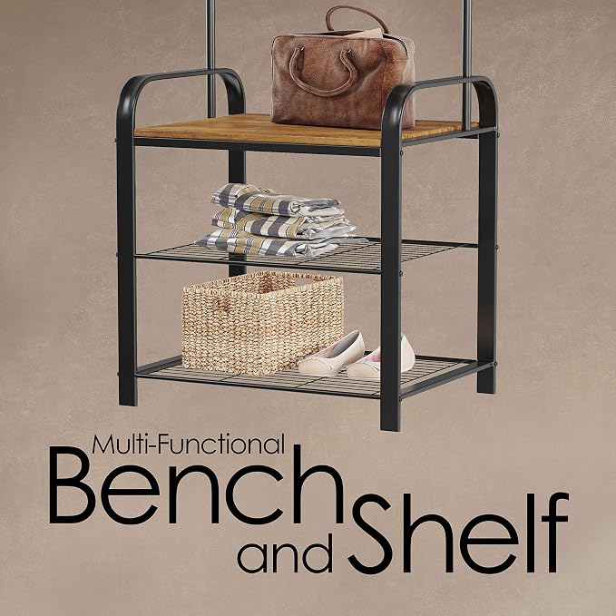 Lavish Home Entryway Bench with Coat Rack - Metal Hall Tree with Seat, Hooks, and Shoe Storage - Rustic Farmhouse Freestanding Mudroom Furniture - Image 3