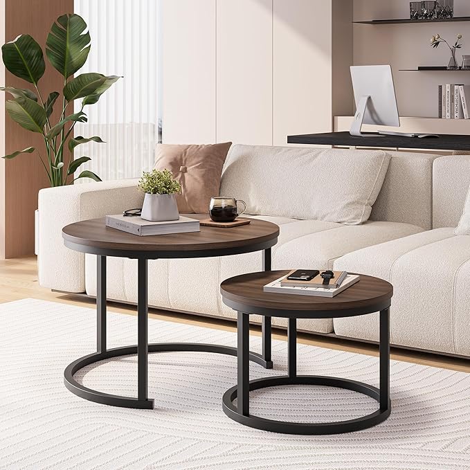 HOJINLINERO Round Coffee Table,Nesting Coffee Table Set of 2,Center Tables for Living Room,Office, Home Small Space,Stacking Side Tables,Sturdy and Easy Assembly,Wood Desktop,Walnut+Black,Large